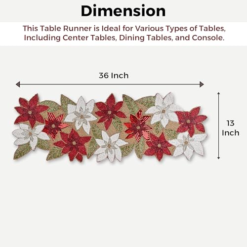 Image of Cotton Beautiful Silver Beaded Table Runner Craftsmanship | Pack of 1 Measure 13 * 36 Inches| Thanksgiving - Occasional Decoration Red Multi Flowers, Medium