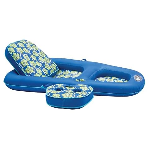 Aqua Campania Ultimate 2-in-1 Pool Float Lounge – Extra Large – Inflatable Pool Floats for Adults with Adjustable Backrest & Cupholder Caddy – Royal/Lime Hibiscus Cover