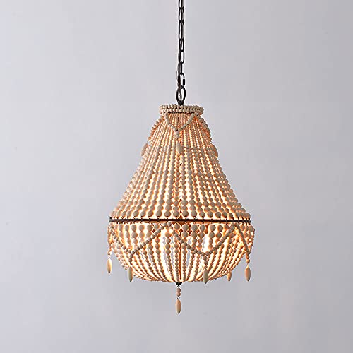 Lustre Suspendu Perles en Bois E14 Rétro Luminaire Plafonnier Bohème
