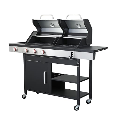 AGANS 3-Burner Propane Gas BBQ Grill with Side Burner and Charcoal Grill, 37230 BTU Output, Stainless Steel and Cast Iron