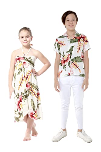 Matching Hawaiian Luau Sibling Boy Girl Butterfly Dress Aloha Shirt in Rafelsia Cream