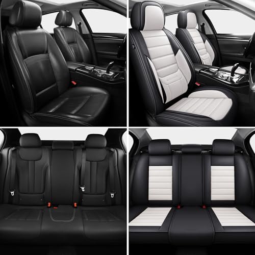 Image of MINGBRON Car Seat Covers Full Set,Black White Car Seat Cover, Car Seat Protector Waterproof, Nappa Leather Car Seat Cushion, Fit for Most Cars