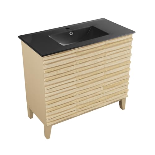 Image of Swiss Madison Cascade 36 in. Natural Oak Bathroom Vanity with Black Ceramic Sink Top