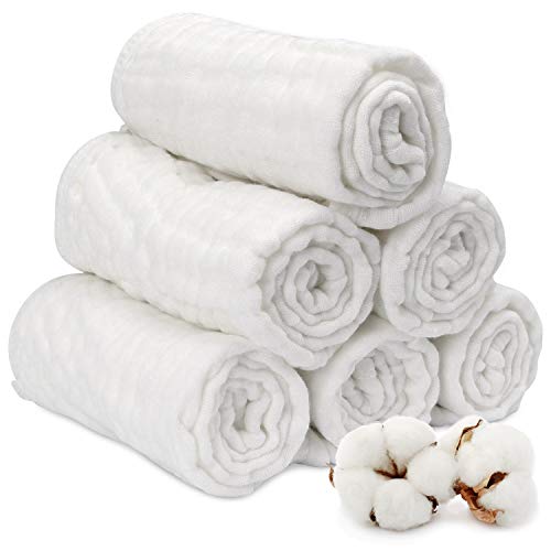 Image of Muslin Burp Cloth for Baby Boys and Girls (6 Pack) | Cotton Newborn Essential Must Have Item | White Unisex Design | Super Soft and Absorbent Burping and Spit Up Cloths | Multi Use Baby Shower Idea