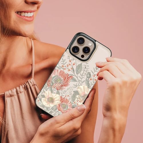 Image of uCOLOR for iPhone 13 Pro Max Wallet Case Magsafe with Card Holder Slot【Compatible with MagSafe】 Folio Flip PU Leather RFID Blocking Design (Pink Vintage Flowers, iPhone 13 Pro Max)