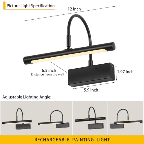 Image of LED Wireless Picture Light with Remote Control,USB Rechargeable Battery Powered Art Lamps,Dimmable,270 Rotate,Timing,12 Inch Black Wall Lights for Paintings (Black, 12inch)