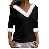 NPHFPSQA Womens Sexy Plush Fur Trim V-Neck Christmas Tops Casual 3/4 Sleeve Holiday Party Blouses T-Shirts,Black,XXL