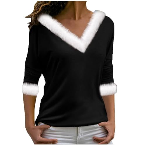 NPHFPSQA Womens Sexy Plush Fur Trim V-Neck Christmas Tops Casual 3/4 Sleeve Holiday Party Blouses T-Shirts,Black,XXL