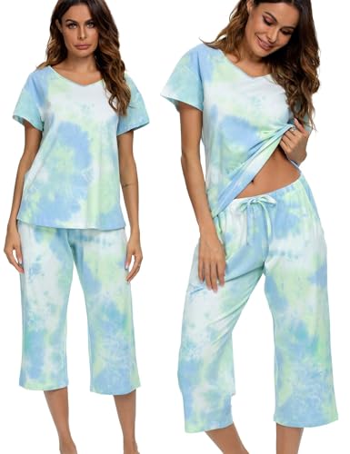 Image of ENJOYNIGHT Women Tie Dye Pajama Set Short Sleeve Top with Capri Pants Pjs