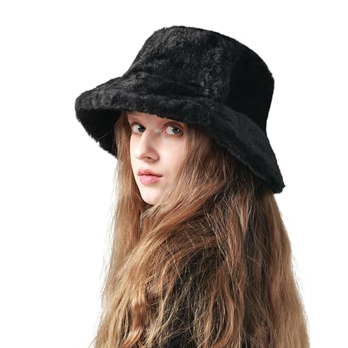 KYRINOVA Chapeau cloche d'hiver chaud et pelucheux, confortable et moelleux, chapeau tendance en fourrure adapté pour les femmes et les filles, Noir , Taille unique