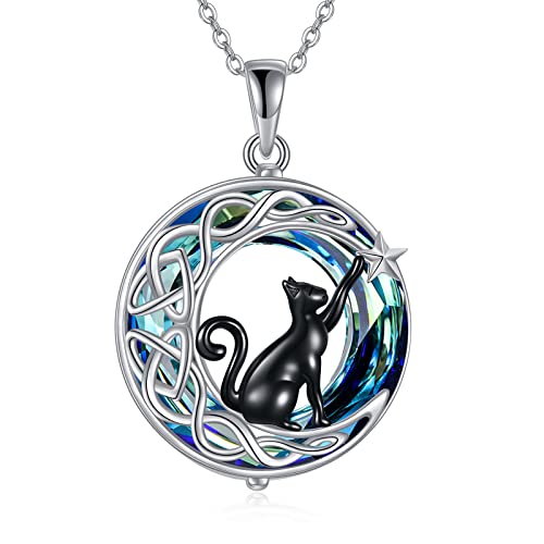 VONALA - Collar de plata de ley 925 con colgante de un gato negro sentado sobre la luna, ideal como regalo de cumpleaños para jóvenes y adolescentes, Plata esterlina, Cristal