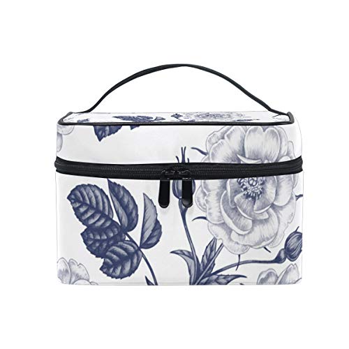 Makeup Bag Classical Blue Peony Portable Large Cosmetic Toiletry Brush Bag Travel Train Case Organizer Box Pouch for Girls Women