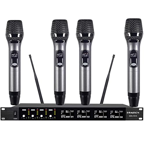 KOMISON 4 Channel Wireless Microphone System, Metal Wireless Microphones, Dynamic Wireless for Singing Karaoke Church DJ 250ft Range (Gray)