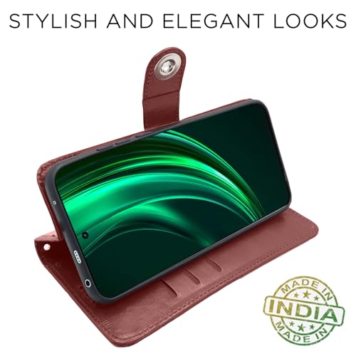 Image of Pikkme Flip Cover Leather Finish | Inside TPU with Card Pockets | Wallet Stand and Shock Proof | Complete Protection Button Flip Case for Realme 13 Plus 5G / Realme P1 Speed 5G (Brown)