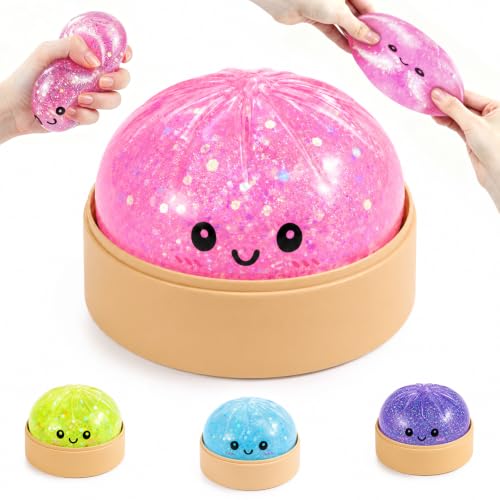 Glitter Dumpling Squishy, Dumpling Squishy Mystery Box, Squeeze Stress Balls for Adults, Party Favors with Food Steamer Stretchy Desk Sensory Toys（Pink）