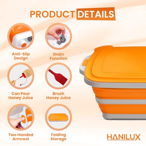 HANILUX Collapsible BBQ Prep Tub With Lid, (8L) Meat Prep, Marinating Food Storage Container, Multi-Function Grill Caddy W/Bulit-In Colander, 2 Squeeze Bottles1 Silicone Brush for Picnic- Camping- - Image 6