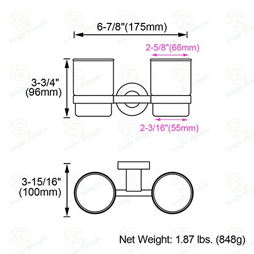 Double Toothbrush Holder, Angle Simple Sus304 Stainless Steel Wall Mounted Glass Tumbler Holder With Frosted Glass Cup Toothpaste Razor Organizer Bathroom Storage, Brushed Nickel #TOP1