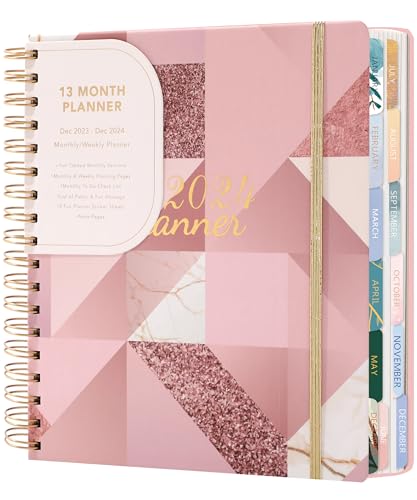 CAGIE 2024 Weekly and Monthly Planner from Dec 2023-Dec 8.3"x9.1" with 13 Monthly Tabs, Hardcover 2024 Agenda Yearly Planner Notebook with Daily Weekly Monthly Planner, Pink Geometry