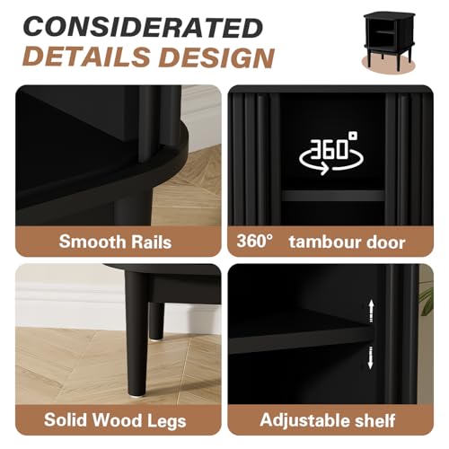 Image of Furniway Mid Century Nightstands Set of 2, Fluted Bedside Tables with Sliding Door Storage, Wooden End Tables with Solid Wood Legs for Bedroom, Black