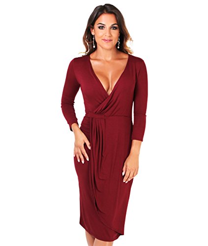 KRISP® Damen Jersey Stretch Wrap Kleid Wickelkleid,(Weinrot, Gr.42) 6174-WIN-14