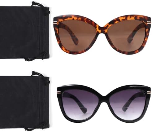 DXYXYO 2 Pack Bifocal Reading Sunglasses for Women,Oversized Cat-eye Sun Readers Glasses for Outdoor UV Protection (Black/Leopard) 3.0 - 1