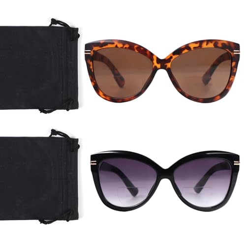 DXYXYO 2 Pack Bifocal Reading Sunglasses for Women，Oversized Cat-eye Sun Readers Glasses for Outdoor UV Protection (Black/Leopard) 3.0
