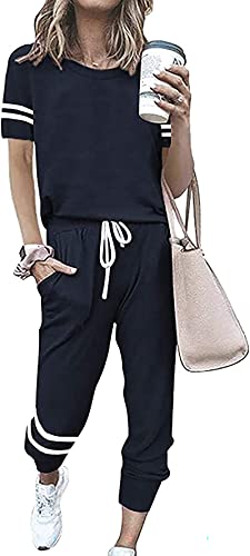 Image of PRETTYGARDEN Women's Two Piece Outfits Striped Short Sleeve Pullover and Long Pants Tracksuit Pajama Lounge Jogger Sets