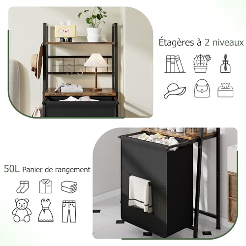 Corbeille à linge avec étagère en bois et crochets