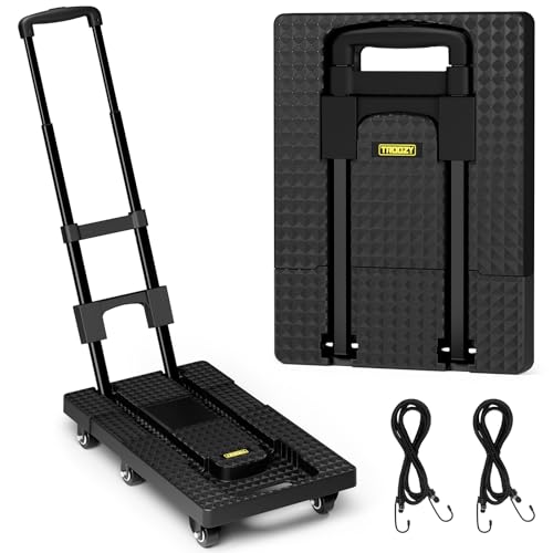 TROOZY Dolly Cart with 6 Wheels 440lbs, Folding Hand Truck with Upright Lock and 2 Elastic Straps, Extendable Heavy Duty Utility Cart for Luggage, Airport, Office & Dorm, Carrito de Carga