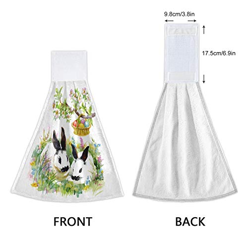 Easter Colorful Eggs Bunny Hanging Kitchen Towel 2Pcs Rabbits Green Grass Soft Coral Velvet Hand Towels Loop For Bathroom Washcloth Absorbent Tie Towel #TOP3