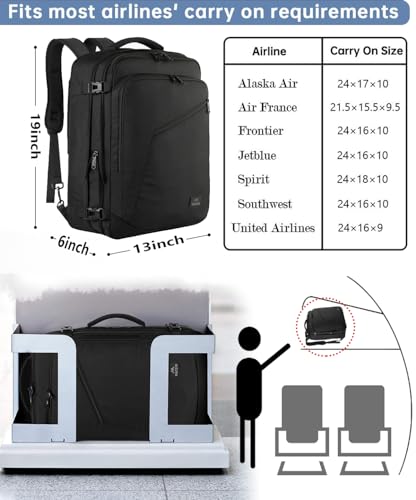 MATEIN Carry on Backpack, Extra Large Travel Backpack Expandable Airplane Approved Weekender Bag for Men and Women, Water Resistant Lightweight Daypack for Flight 40L, Black - Image 3