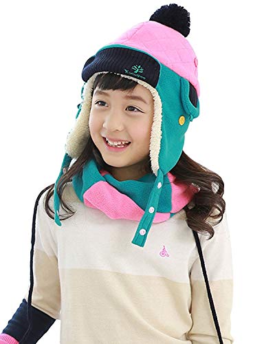 LeafIn ニット帽 キッズ 飛行帽 パイロット パイロットキャップ ベビー 帽子 子供 耳あて 防寒 ポンポン 女の子 男の子 春 秋 冬 (ピンク/グリーン, M(48-51cm))