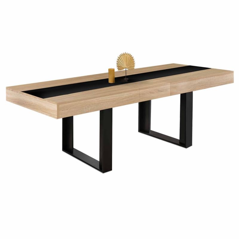 IDMarket Phoenix - Mesa de comedor extensible rectangular 6-10 personas, madera y negro, banda central negra, 160-200 cm