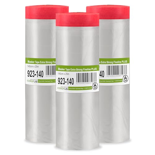 Colorus Abdeckfolie mit Klebeband – 3er Set 140 cm x 25 m – faserverstärktes Goldband Masker Tape – Maler Abdeckfolie mit statisch haftender HDPE-Folie – UV-beständig 120 Tage
