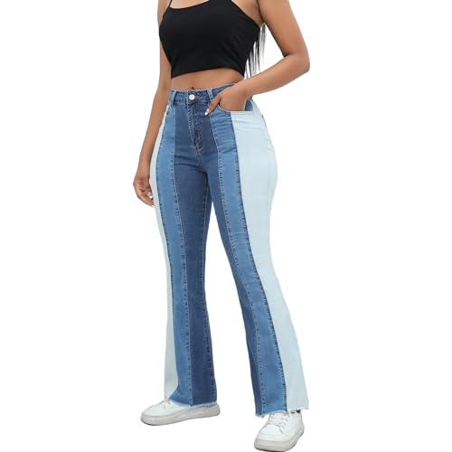 THUNDER STAR Women Patchwork Flare Jeans Stretch High Waisted Bell Bottom Raw Hem Denim Pants4