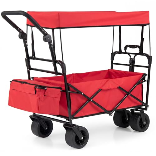 COSTWAY Folding Trolley Cart 100L Collapsible Garden Festival Wagon with Canopy Adjustable Handles Detachable Bag & Wheels Outdoor Transport Pull Along Carts for Camping Beach Shopping (Red)
