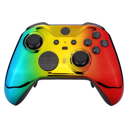 Image of eXtremeRate Tri-Color Gradient Glossy Faceplate Cover, Chrome Cyan Gold Red Replacement Front Housing Shell Case for Xbox One Elite Series 2, Elite 2 Core Controller Model 1797 - Accent Rings Included