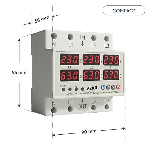 Image of AZIOT 3-Phase Automatic Over /Under Voltage Protector 63A, 230VAC - Overcurrent, Phase-Loss & Imbalance Protection With Auto-Reconnect Function