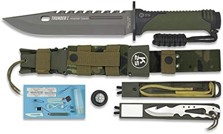 K25 Cuchillo Thunder I Camuflaje ESPAÑA Hoja 20 cm para Caza, Pesca, Camping, Outdoor, Supervivencia y Bushcraft K25 32019 + Portabotellas de regalo