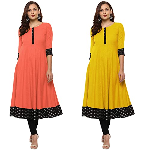Image of NATEK Plain Cotton New Anarkali Dress Kurti for Ladies Girls - Combo Sets of 2 Peach, Yellow Colour XX-Large Size