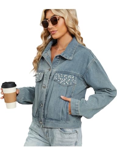 happlan Women Denim Jacket Rhinestones Beads Pearls Jeans Coat