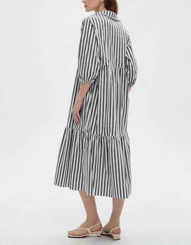 Image of EZAPINE Womens Babydoll Striped Shirt Midi Dress Puff Long Sleeve Collared Button Tunic Flowy Swing Dresses