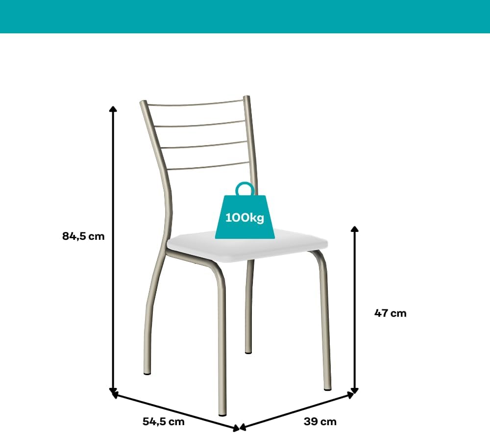 Diagrama técnico da cadeira do conjunto Tallim, exibindo dimensões de 84,5 cm de altura total, 47 cm de altura do assento, 39 cm de largura e 54,5 cm de profundidade, com capacidade de peso de 100kg.