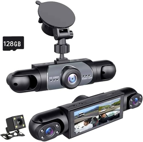 Full View Car Dashcam System: 360° Full View Car Dashcam System - 4 Channel Dash Cam for Cars Front/Rear/Left/Right - Night Vision, Loop Recording, Parking Monitor (with 128GB Card)