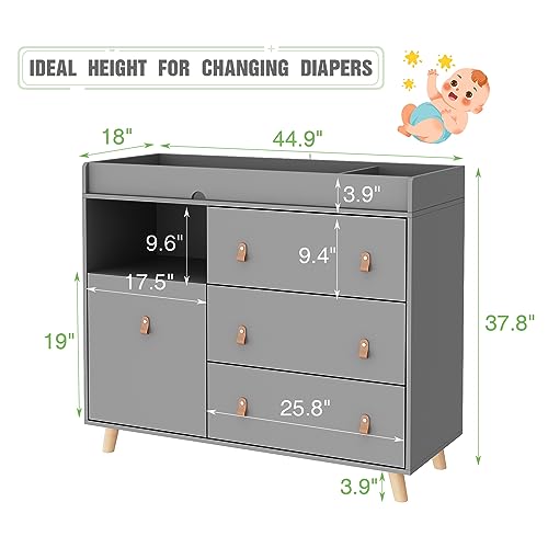 Timechee Baby Dresser Changing Table with Drawers,Shelf,Hidden Laundry Basket Storage,2 in 1 Nursery Dresser Chest for Infants, Baby Diaper Changing Station for Daycare,Bedroom,Grey