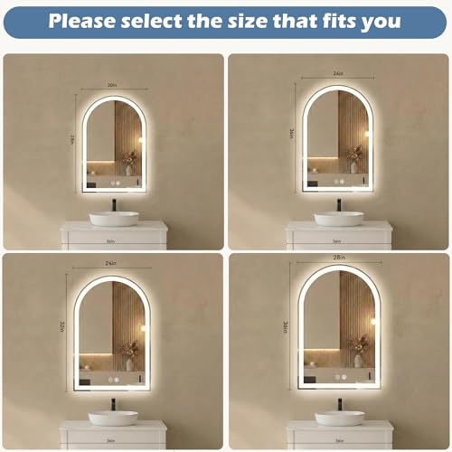 DUMOS 20"×28" LED Bathroom Mirror with Lights, Arched Vanity Mirror with Anti-Fog, Dimmable, 3-Color Light, Memory Function, Front Light and Backlit, Tempered Glass by DUMOS - Image 3