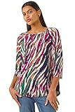 Roman Originals Stretchy Top for Women UK - Ladies Jersey Blouse Smart Casual Tunic Work 3/4 Length Sleeve Round Neck Boat Neckline Flattering Autumn Winter - Pink Multi - Size 20