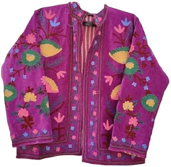 Embroidered Floral Jacket, Bohemian Style, Multi-Color Pattern with Pink and Turquoise Flowers