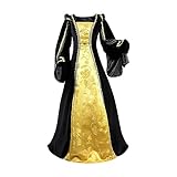 Women's Velvet Ren Tudor Gown Gold Trim Baroque Damask Layered Floor Length Renaissance Luxury Costume (Large, Black)