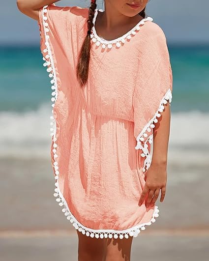 Eurivicy Girl's Swim Cover Up Kids Summer Swimwear Beach Dress Swimsuit Wraps with Pom Pom Trim